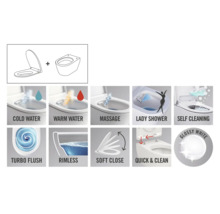 Funkcie WC: studená voda, teplá voda, masáž, dámska sprcha, samočistenie, turbo splachovanie, bezokrajové, Soft Close, Quick & Clean, lesklá biela