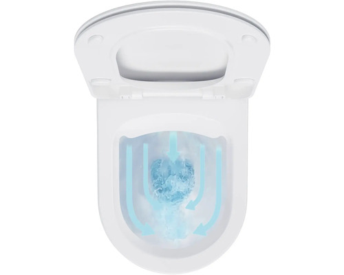 Biela závesná toaleta s otvoreným splachovacím kruhom a vírivkou