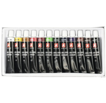 Sada akvarelových farieb s rôznymi odtieňmi v jednotlivých tubách.