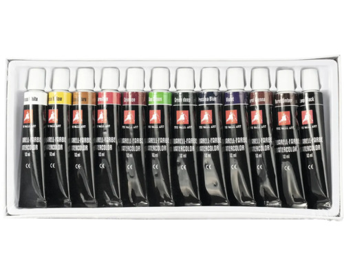 Sada akvarelových farieb s rôznymi odtieňmi v jednotlivých tubách.