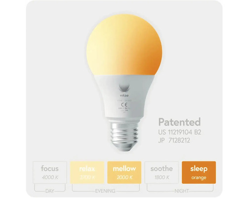 Žiarovka s logom Vitae s rôznymi teplotami farieb pre sústredenie, relaxáciu, tlmené osvetlenie, upokojenie a spánok