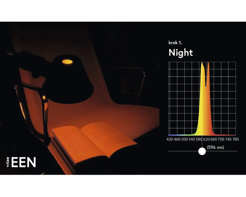 Scéna so svetelným spektrom v nočnom režime vhodným na čítanie pod lampou.