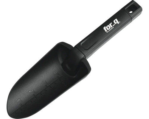 Čierna sádzacia lopatka s hĺbkovou stupnicou a logom for-q