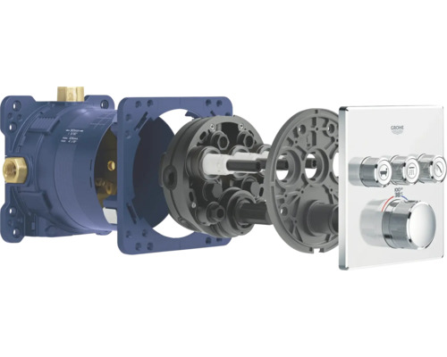 Rozložený pohľad na podomietkovú termostatickú batériu Grohe pre sprchu a vaňu.