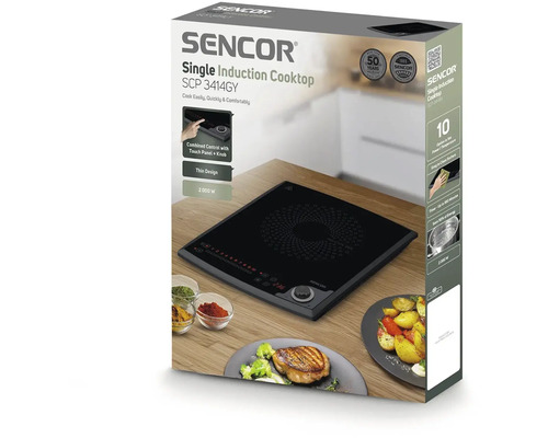 Jednokolíkový indukčný varič Sencor model SCP 3414GY v obale produktu