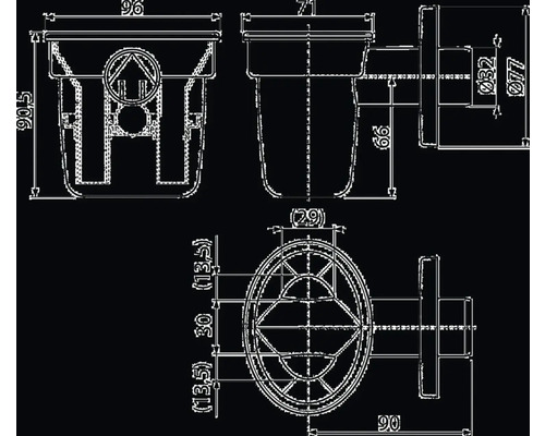 Technický výkres podlahovej vpusť s rozmermi
