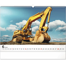 Nástenný kalendár s fotografiou žltého bagra v júni 2026