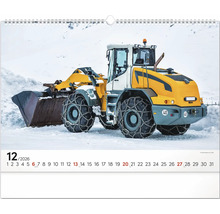 List kalendára december 2026 so žltým kolesovým nakladačom v snehu