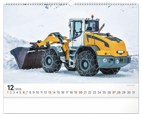 List kalendára december 2026 so žltým kolesovým nakladačom v snehu
