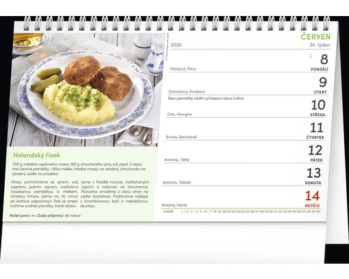 List kalendára s fotografiou holandských rezňov, zemiakovej kaše a uhoriek