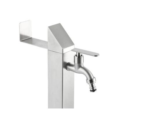 Záhradný výtokový stojan z nehrdzavejúcej ocele s vodovodným kohútikom a prípojkou spotrebiča