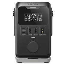 EcoFlow Powerstation s displejom zobrazujúcim vstupný výkon, výstupný výkon a zostávajúcu dobu prevádzky.