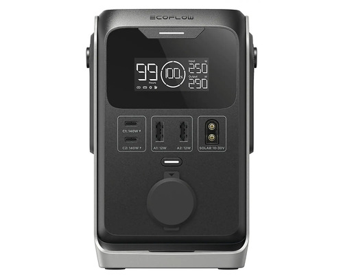 EcoFlow Powerstation s displejom zobrazujúcim vstupný výkon, výstupný výkon a zostávajúcu dobu prevádzky.