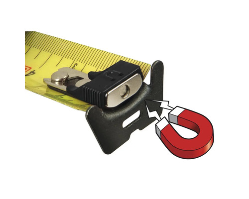 Detail žltého zvinovacieho metra s magnetickým hákom