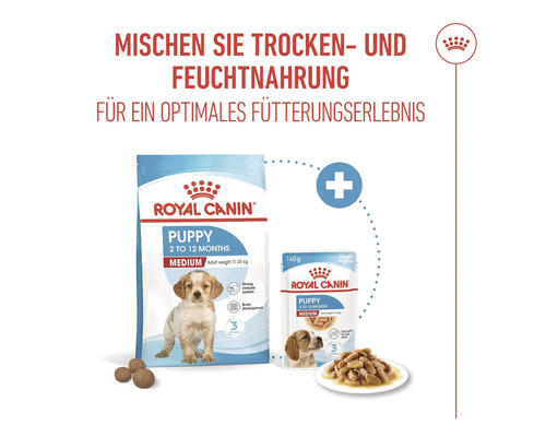 Logo Royal Canin. Balenie suchého a vlhkého krmiva pre šteňatá strednej veľkosti