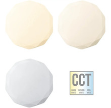 Tri stropné svietidlá s rôznymi teplotami farieb a symbolom CCT pre teplé biele, neutrálne biele a studené biele svetlo.