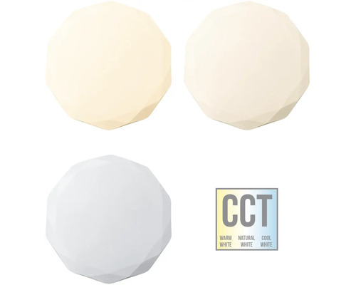 Tri stropné svietidlá s rôznymi teplotami farieb a symbolom CCT pre teplé biele, neutrálne biele a studené biele svetlo.