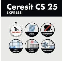 Vlastnosti Ceresit CS 25 Express: rýchle vytvrdnutie, vysoká flexibilita, odolnosť proti plesniam, vhodné do vlhkého prostredia, na balkóny a terasy, mrazuvzdorné