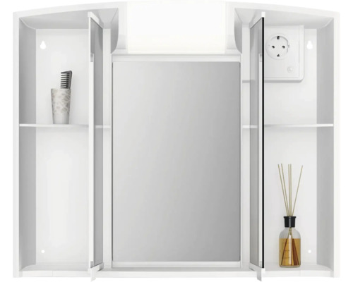 Biela zrkadlová skrinka s policami a zásuvkou do kúpeľne