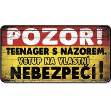 Kovová tabuľa s nápisom Teenager s názorom, vstup na vlastné nebezpečenstvo
