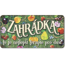 Kovová tabuľa s motívom záhrady a nápisom 'Záhrada je najlepšia terapia pre dušu'