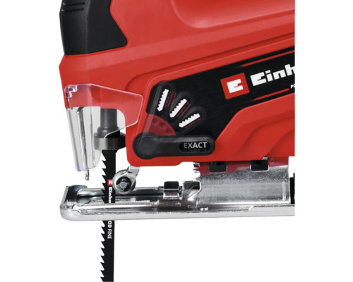 Detailný pohľad na priamočiaru pílu Einhell s nastavením kyvadlového zdvihu a ochranou proti trieskam
