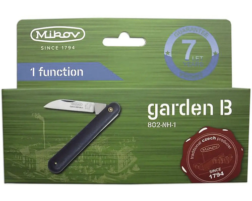 Záhradný nôž Mikow v balení s logom výrobcu a záručnou pečaťou