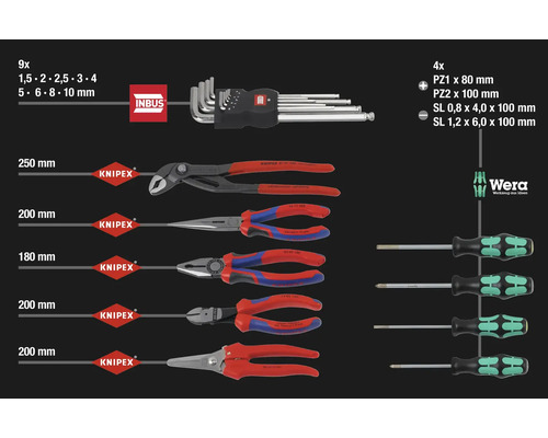 Sortiment rôznych ručných nástrojov, vrátane imbusových kľúčov, klieští a skrutkovačov