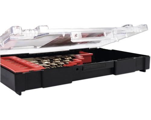 Sada vrtákov v otvorenom plastovom kufríku