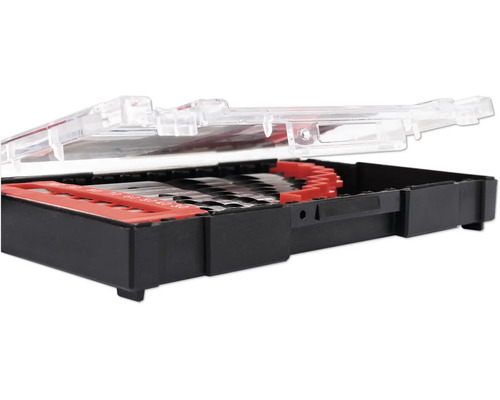 Sada vrtákov s rôznymi vrtákmi v čiernom plastovom kufríku s priehľadným vekom.