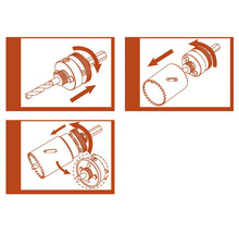 Ilustrácia dierovacej píly s vrtákom a upevnením