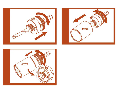 Ilustrácia dierovacej píly s vrtákom a upevnením