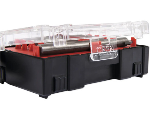 Sada vrtákov v čiernej plastovej krabičke s priehľadným vekom