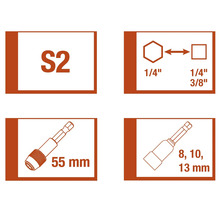 Informácie o oceli S2, šesťhrannej stopke ¼ palca, štvorhrannej stopke ¼ palca a 3/8 palca, ako aj o 55-milimetrovom držiaku bitov a nástrčných kľúčoch 8, 10 a 13 milimetrov
