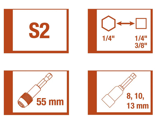 Informácie o oceli S2, šesťhrannej stopke ¼ palca, štvorhrannej stopke ¼ palca a 3/8 palca, ako aj o 55-milimetrovom držiaku bitov a nástrčných kľúčoch 8, 10 a 13 milimetrov