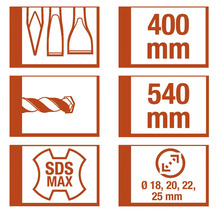 Symboly a rozmery vrtáka: tvary vrtáka, 400 mm, 540 mm, SDS Max, priemer 18 mm, 20 mm, 22 mm, 25 mm