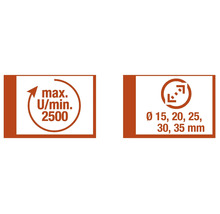 Symbol pre maximálne otáčky 2500 ot./min a priemer vŕtania 15, 20, 25, 30, 35 mm