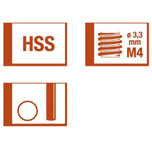 Symbol HSS, symbol závitu priemer 3,3 milimetra, symbol M4