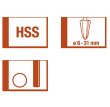 Symbol HSS pre nástroje z rýchloreznej ocele, rozsah priemerov 6 až 31 milimetrov, symbol pre vŕtanie otvorov