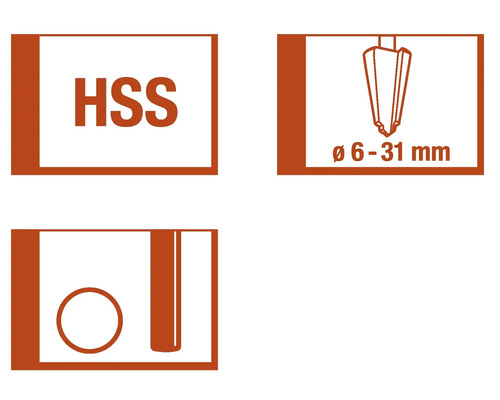 Symbol HSS pre nástroje z rýchloreznej ocele, rozsah priemerov 6 až 31 milimetrov, symbol pre vŕtanie otvorov