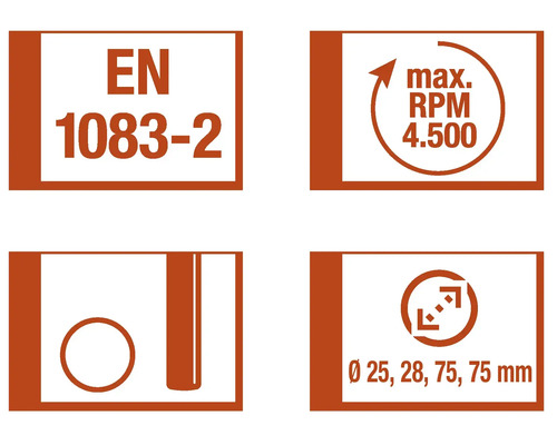 Norma EN 1083-2, maximálne otáčky 4500 otáčok za minútu, priemer 25, 28, 75, 75 milimetrov
