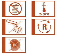 Piktogramy: Chráňte pred vlhkosťou, skladovacia teplota 2 až 30 stupňov, žieravé, recyklácia a ochrana očí