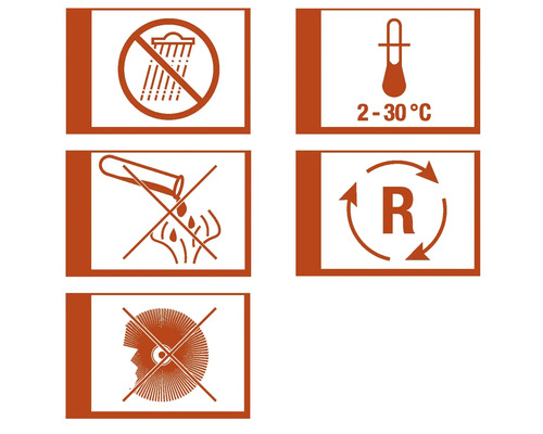 Piktogramy: Chráňte pred vlhkosťou, skladovacia teplota 2 až 30 stupňov, žieravé, recyklácia a ochrana očí