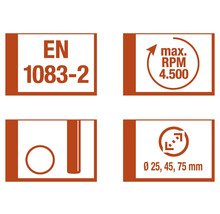 Norma EN 1083-2, maximálne otáčky 4500 ot./min, priemer 25, 45, 75 milimetrov
