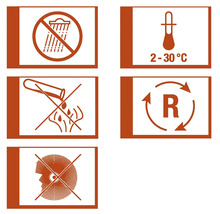 Symboly pre skladovanie a manipuláciu s produktom: Chráňte pred dažďom, skladovacia teplota 2 až 30 stupňov, nevylievajte do kanalizácie, recyklácia, používajte ochranu očí