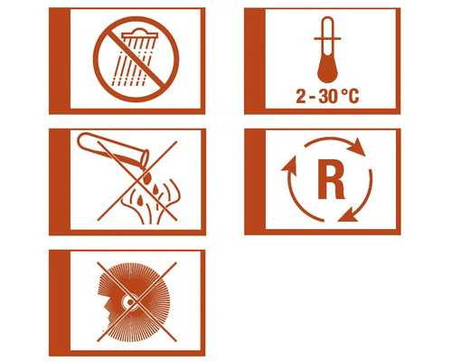 Symboly pre skladovanie a manipuláciu s produktom: Chráňte pred dažďom, skladovacia teplota 2 až 30 stupňov, nevylievajte do kanalizácie, recyklácia, používajte ochranu očí