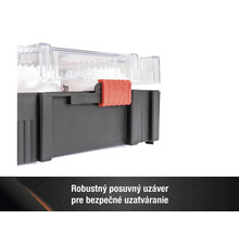 Detailný pohľad na kufrík na náradie s priehľadným vekom a červeným uzáverom