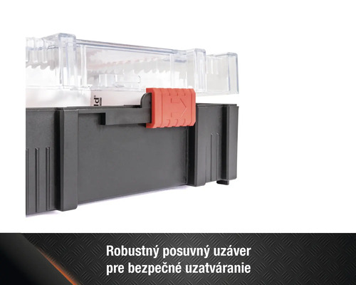 Detailný pohľad na kufrík na náradie s priehľadným vekom a červeným uzáverom