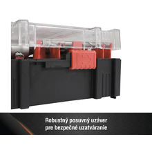 Detailný pohlad na kufrík na náradie s priehladným vekom a cerveným posuvným uzáverom