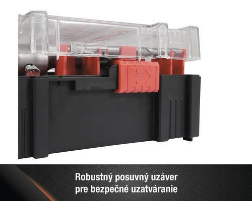 Detailný pohlad na kufrík na náradie s priehladným vekom a cerveným posuvným uzáverom